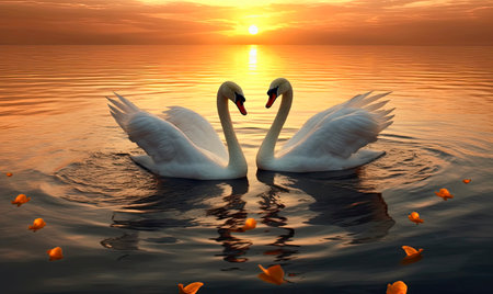Two white swans swimming on the lake at sunset, 3d renderの素材