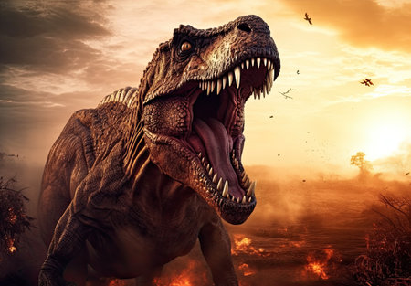 Dinosaur T-rex in the forest at sunset. 3d renderingの素材