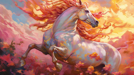 Beautiful horse with red mane in autumn forest. digital paintingの素材