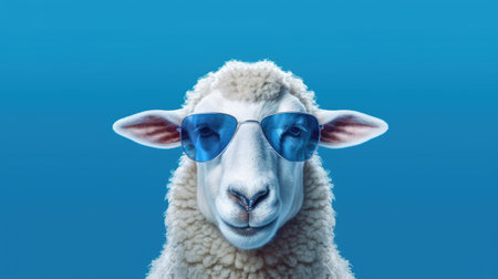 Portrait of a white sheep wearing blue sunglasses on a blue backgroundの素材