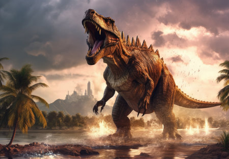 dinosaur in the water against the background of the temple. 3d renderingの素材