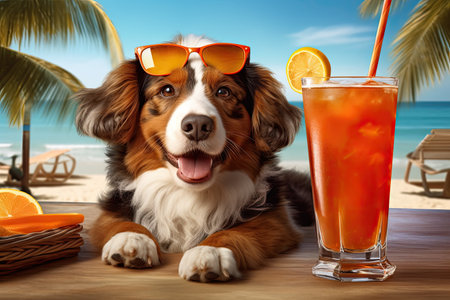 Australian shepherd dog in sunglasses and a glass of cocktail on the beachの素材