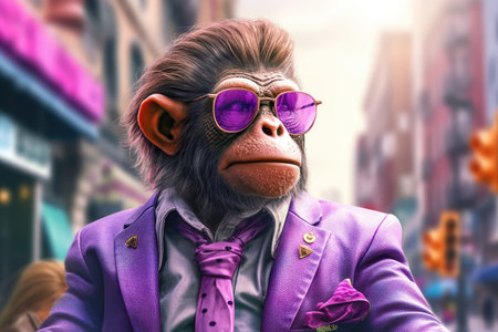 Chimpanzee in sunglasses and a purple jacket on the background of the cityの素材