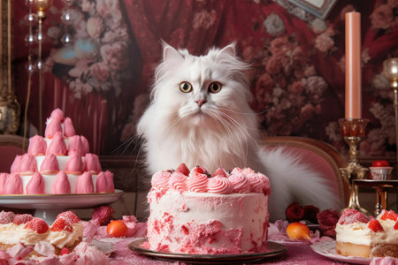 White persian cat on a pink table with cake and candiesの素材