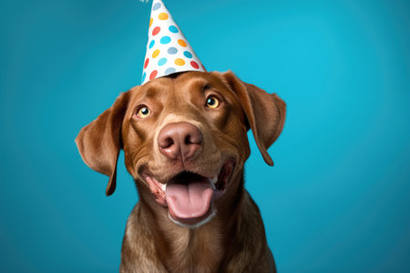 Happy dog with birthday hat on blue background. Concept of celebrating birthday.の素材