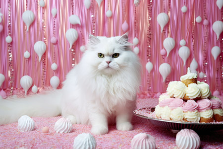 White persian cat on a pink background with sweets and cakes.の素材