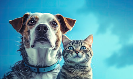 Cat and dog together on blue background. dog and cat together.の素材