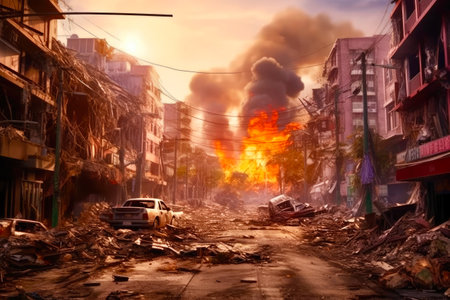 Burning buildings in the city at sunset. fire in the city.の素材