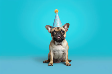 french bulldog dog wearing birthday hat sitting on blue studio backgroundの素材