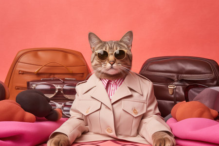 The cat in a beige coat and sunglasses lies on a red backgroundの素材