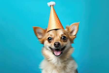 Cute chihuahua dog in party hat on blue backgroundの素材