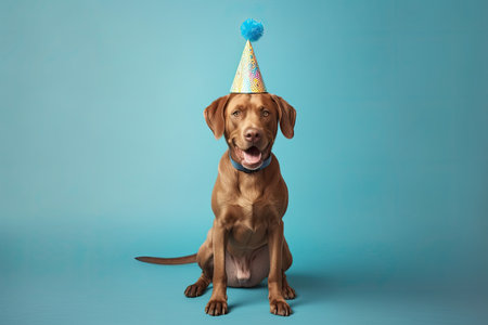 Cute dog with birthday hat on color background. birthday celebration conceptの素材