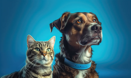 Cat and dog together on blue background. dog and cat together.の素材