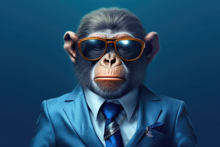 Funny monkey in a suit and sunglasses. Studio shot over dark blue background.の素材