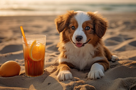 Cute Australian Shepherd puppy lying on the beach with a glass of orange juiceの素材