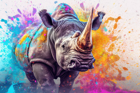 White rhinoceros with colorful splashes on white background.の素材