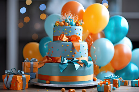 Birthday cake with gifts and balloons on wooden table, closeupの素材