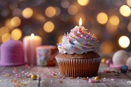 Birthday cupcake with burning candle on wooden table, closeupの素材
