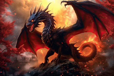 Fantasy dragon in the fire. 3D illustration. Fantasy.の素材