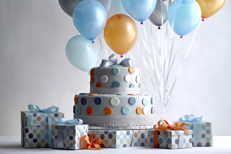 Birthday cake with gifts and balloons on white wooden table, closeupの素材
