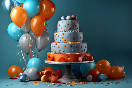 Birthday cake with blue and orange balloons and confetti on blue backgroundの素材