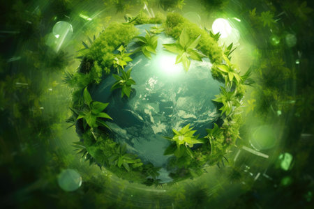 Ecology concept. Green planet with leaves and sunbeams.の素材