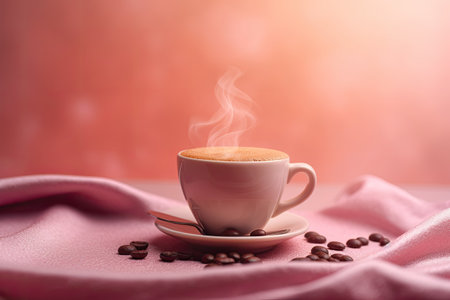 Coffee cup with coffee beans on a pink cloth background.の素材