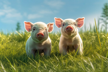 Two cute little piglets sitting on the green grass with blue sky backgroundの素材