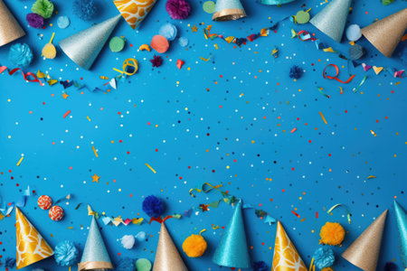 Birthday party background with confetti and party hat on blue backgroundの素材