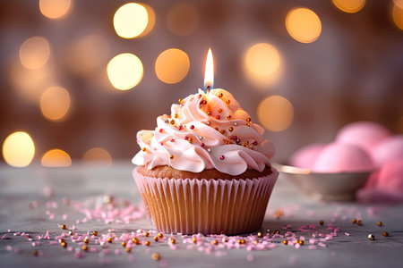Birthday cupcake with burning candle on blurred lights background, closeupの素材