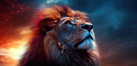 Lion in the sky with stars and clouds. 3d renderingの素材