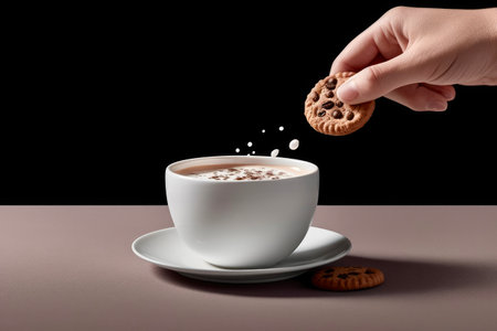 A cup of hot chocolate with cookies in hand on a dark backgroundの素材