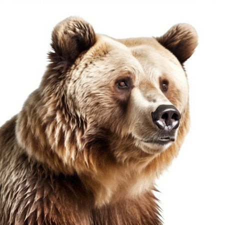 portrait of a brown bear in front of a white background.の素材