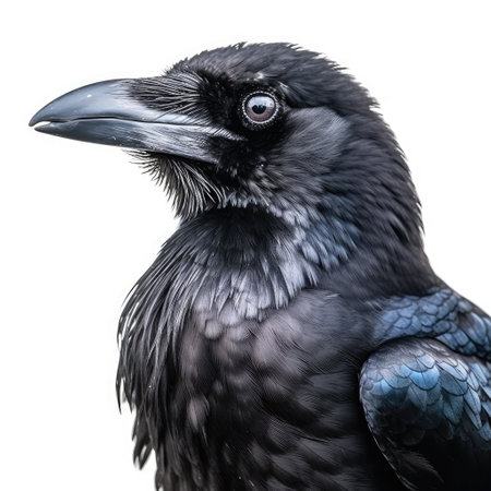 Close-up portrait of a black raven isolated on white background.の素材