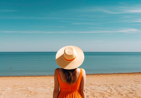 Woman in orange dress and straw hat standing on the beach and looking at the seaの素材