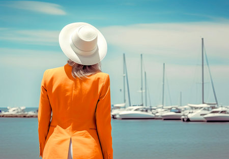 Young woman in yellow dress and white hat on the background of yachtsの素材