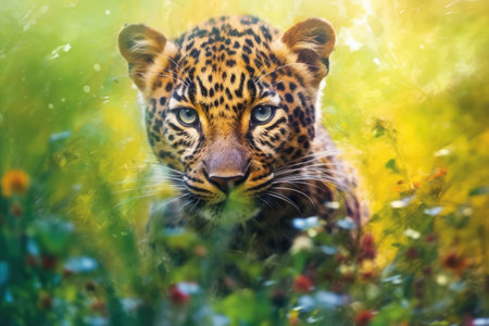 Leopard in the grass. Beautiful portrait of a leopard in nature.の素材