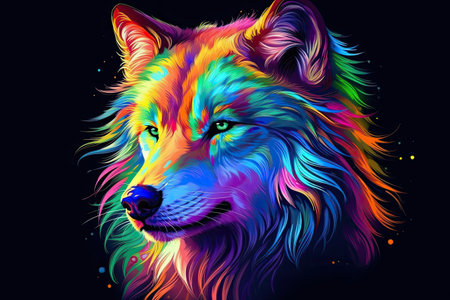 Wolf colorful portrait on black background. Vector illustration for t-shirt designの素材
