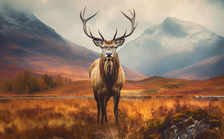 Majestic red deer stag with big antlers on mountain background.の素材