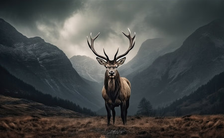 Deer in the mountains. Panoramic view of majestic stag with large antlers.の素材