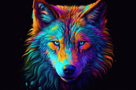 Colorful wolf portrait on black background. Animal art design. vector illustration.の素材