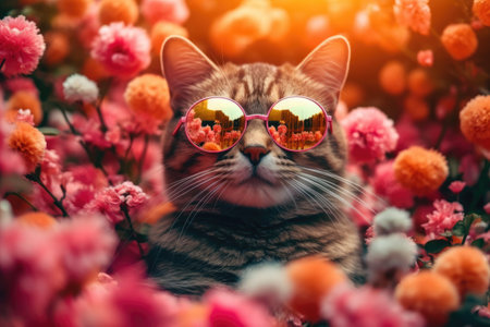 Cute cat wearing sunglasses with flowers background, toned image.の素材