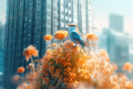 Bluebird sitting on a flower in front of a high-rise buildingの素材