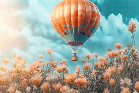 Hot air balloon in the blue sky. 3D rendering. vintage tone.の素材