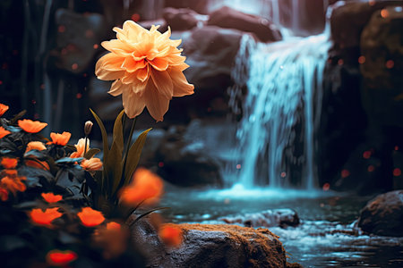 Dahlia flower in the garden with waterfall in the backgroundの素材