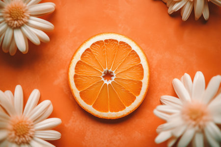 Orange and daisies on orange background. top view. flat layの素材