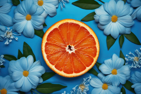 Orange slice and blue flowers on blue background. Flat lay, top viewの素材