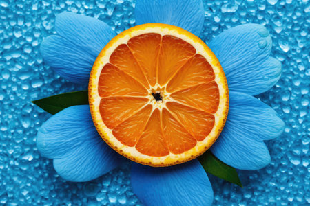 Orange and blue flower petals on a blue background with water dropsの素材