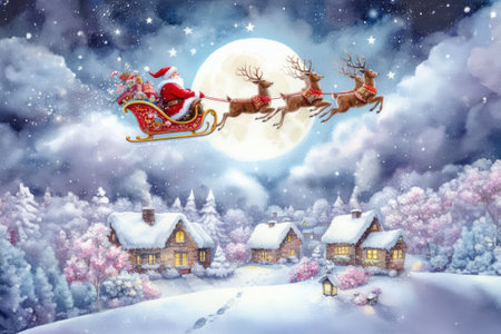 Santa Claus flying in his sleigh with reindeers over village at nightの素材