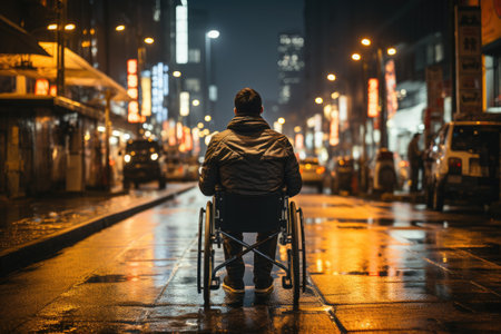 A man in a wheelchair is walking on the street at night.の素材